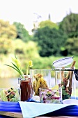 Verschiedene Salate und Vorspeisen auf Tisch am Teich