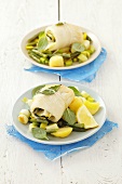 Halibut and courgette rolls with potato salad