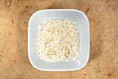 Short-grain rice in dish from above
