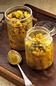 Bottled and pickled vegetables in preserving jars