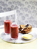 Raspberry and banana frappees with toast and butter