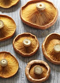 Several matsutake mushrooms on wooden background