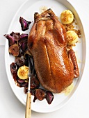 Roast duck with fig sauce and red wine onions