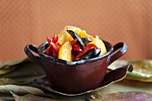 Fried Japanese persimmons with aubergine and peppers (sweet and sour)