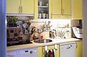Moderne Küche mit gelben Einbauschränken, Waschmaschine und Spülmaschine