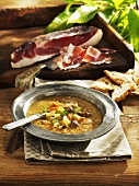 Chestnut and vegetable soup with bacon