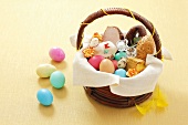 Bread, eggs, sausage, ham and pastries in Easter basket