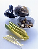 Various fresh mussels and leek