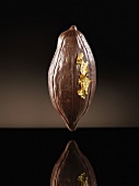 A cocoa bean-shaped chocolate praline with leaf gold