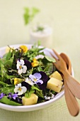 Spring salad with edible flowers and cheese