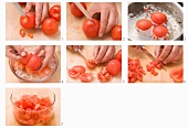 Tomaten blanchieren, enthäuten und kleinschneiden