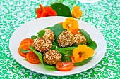 Falafel with nasturtium flowers and leaves