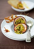 Fresh passion fruit with caramel threads