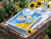 Sunflower petal tea, tea things on tray