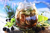 Pickled forest mushrooms in screw-top jar