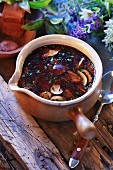 Mushroom soup in ceramic pot