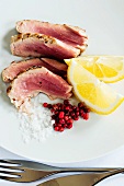 Seared tuna fillets with sea salt and pink peppercorns