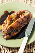 Baked sweet potato with butter and balsamic vinegar sauce
