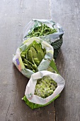 Frozen peas and beans in packaging
