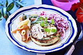 Fried Camembert with courgette, radishes and penne