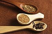 Wooden spoons with mustard seeds, caraway seeds and cloves