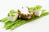 Spicy pieces of goat's cheese on bean pods