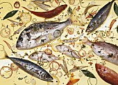 Various types of fish and seasonings in oil
