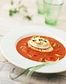 Tomatensuppe mit getoastetem Brot und Ziegenkäse