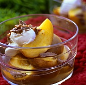 Peaches with vanilla ice cream and toffee