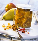 A jar of pear and chilli chutney