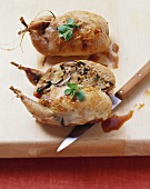 Honey-glazed quail with crouton and mushroom stuffing