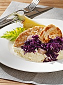Gingered turkey steaks with pineapple red cabbage & mash