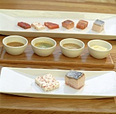 Salmon & soft cheese terrine, salmon appetisers & various sauces