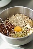 Ingredients for a rice stuffing with bacon, herbs and nuts