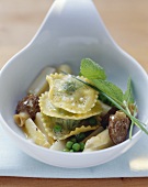 Pea ravioli with morels and white asparagus