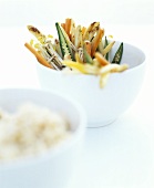 White asparagus with sprouts, okra pods & enokitake mushrooms