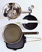 Frying pans, food mill and hand blender