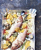 Red mullet with shellfish and oranges