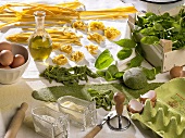 Various types of pasta dough and ingredients