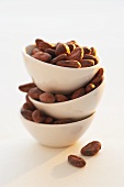 Cocoa beans in piled-up bowls