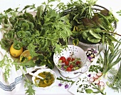 Ingredients & vinaigrette for mixed salad leaves