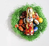 Easter nest with chocolate Easter Bunny and eggs