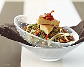 Lentil salad with smoked trout