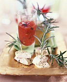 Sheep's cheese skewered on rosemary with tomato dip