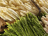 White asparagus in wooden basket, with green asparagus 