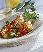 Gebratenes Fischfilet mit Oliven-Paprika-Sauce