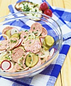 Sausage salad with gherkins and radishes