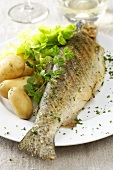 Fried trout with boiled potatoes and lettuce