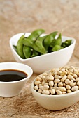 Soya beans, soya bean pods and soy sauce