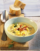 Corn cream soup with fried bacon